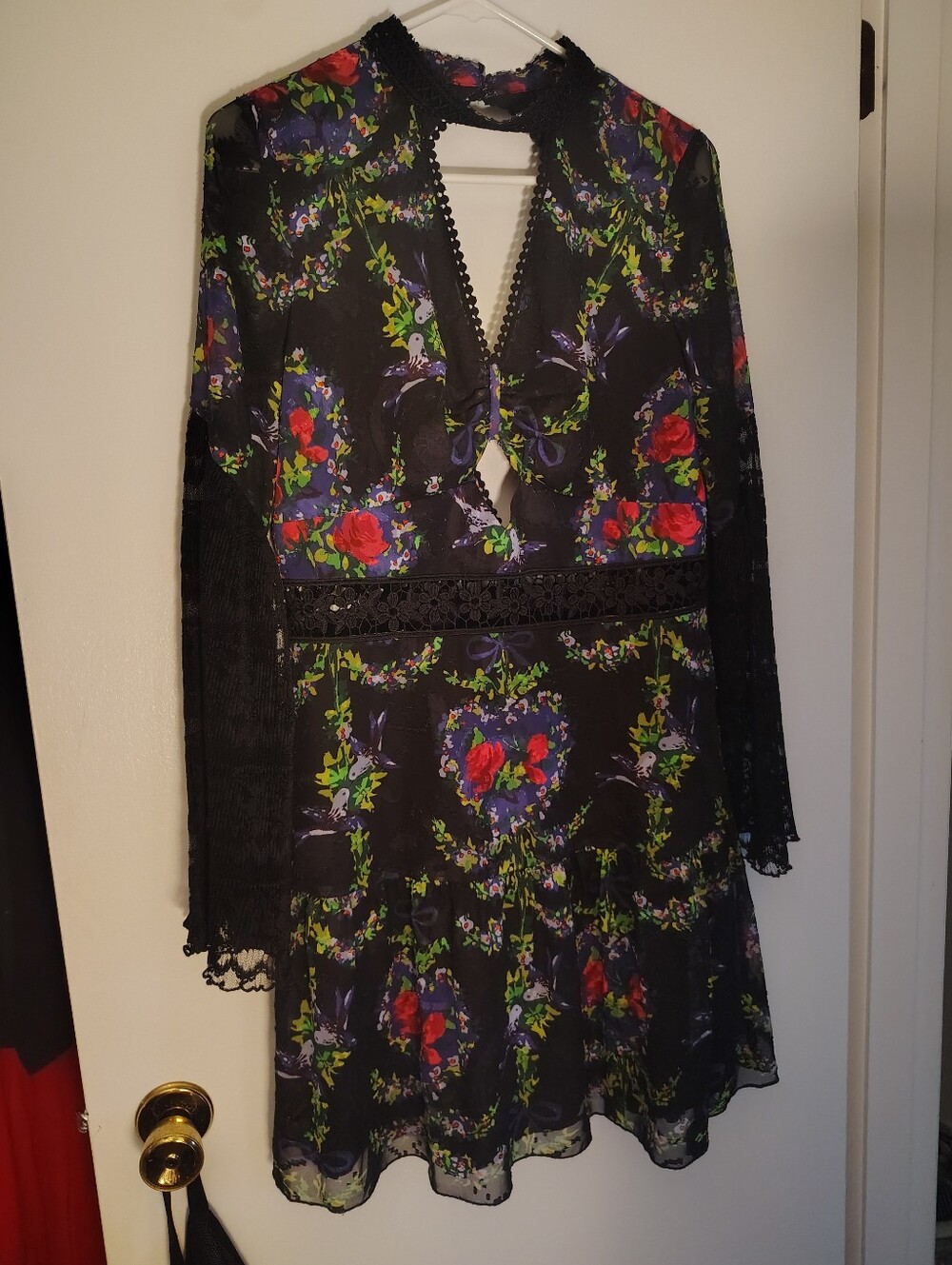 Floral Black Long-Sleeve Lace Trim Mini Dress
